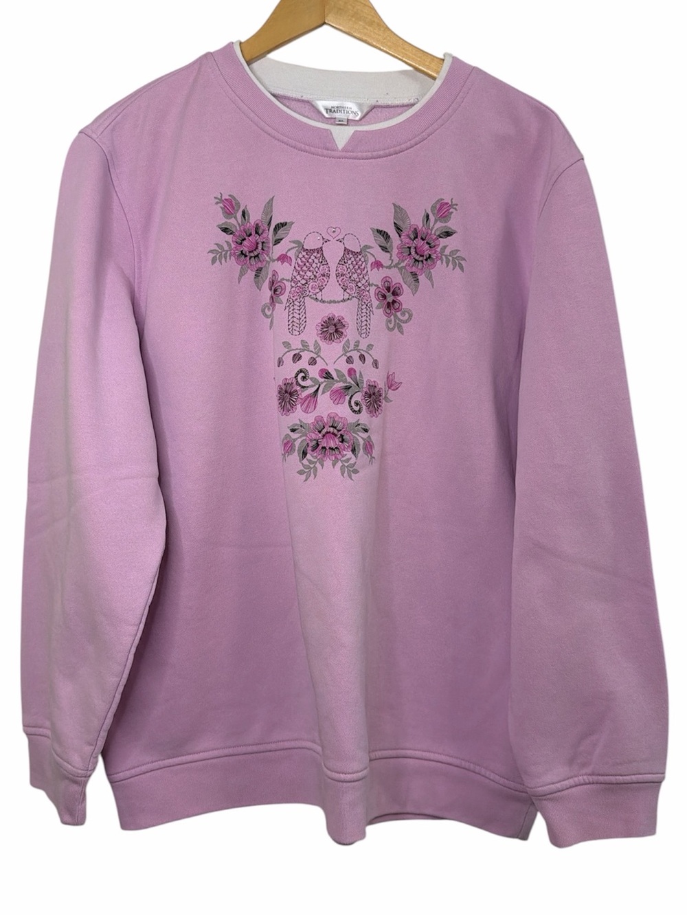 Northern Traditions Lovebirds Floral Embroidered Sweatshirt XL